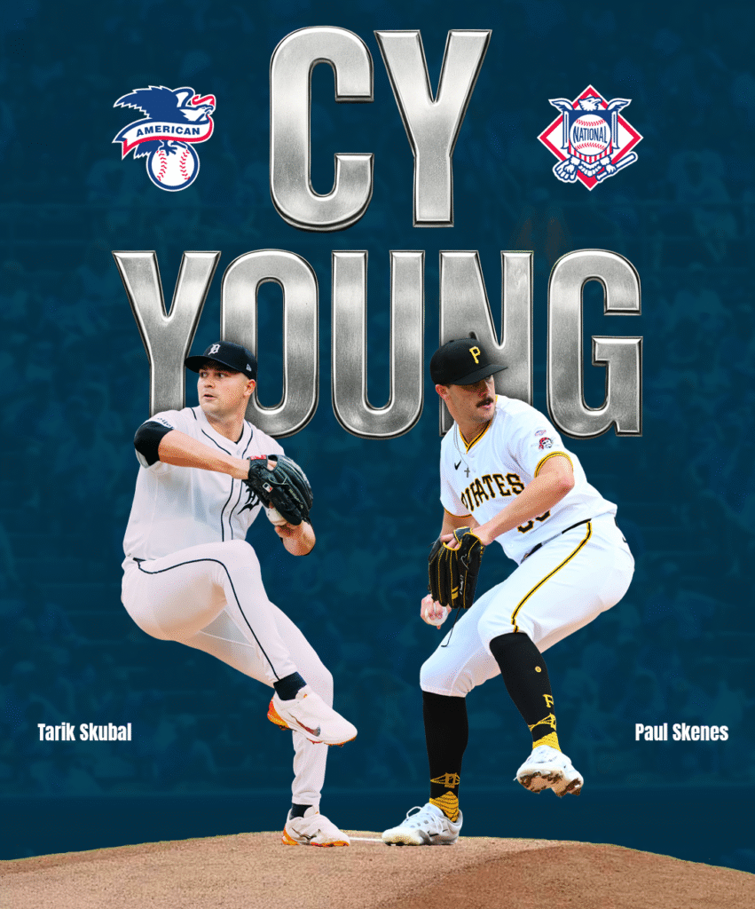 2025 MLB Cy Young Award winners featured in a baseball graphic highlighting the top pitchers from the American League and National League.