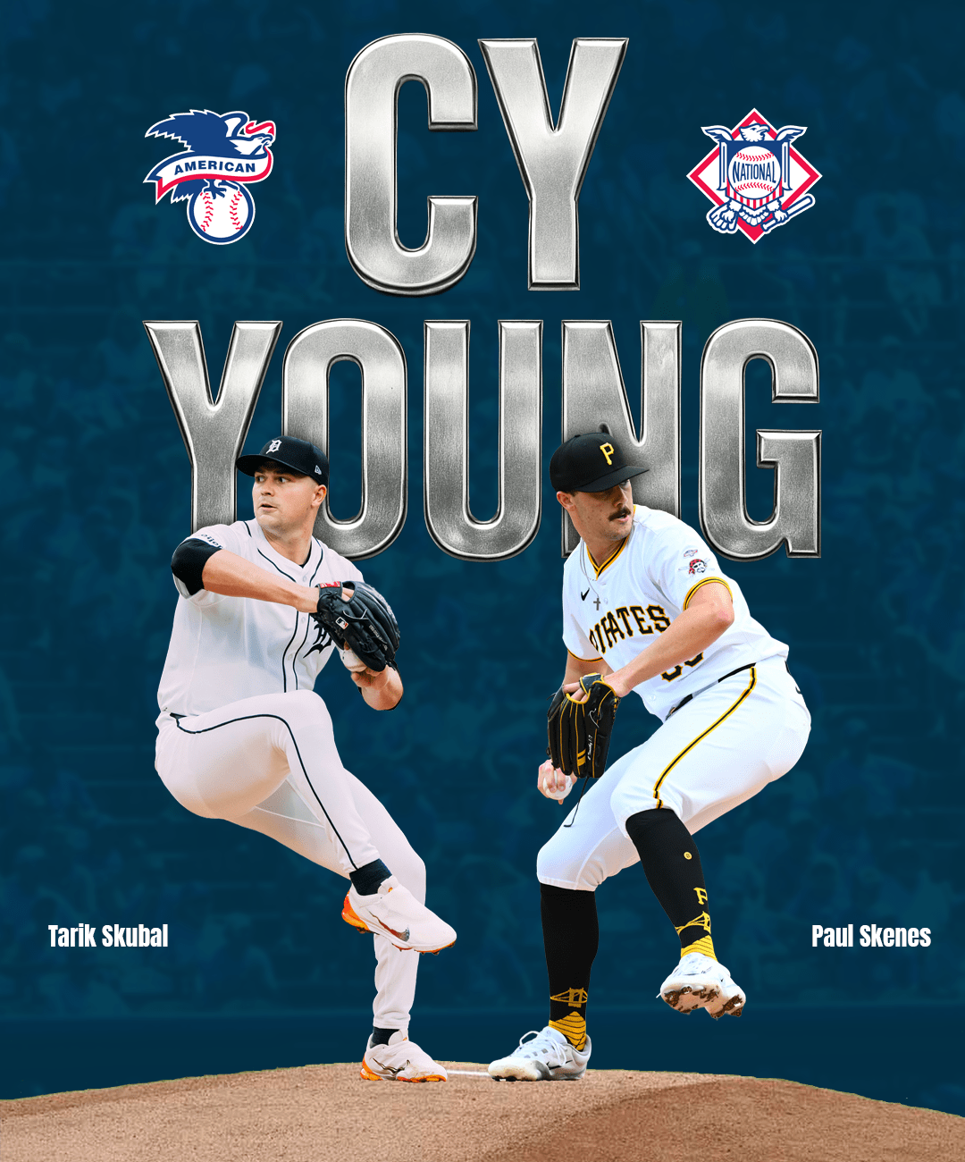 2025 MLB Cy Young Award winners featured in a baseball graphic highlighting the top pitchers from the American League and National League.