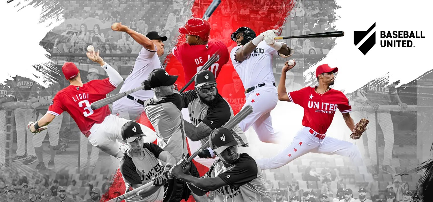 Baseball United opening day in Dubai with players on the field and league branding at the Baseball United Ballpark.