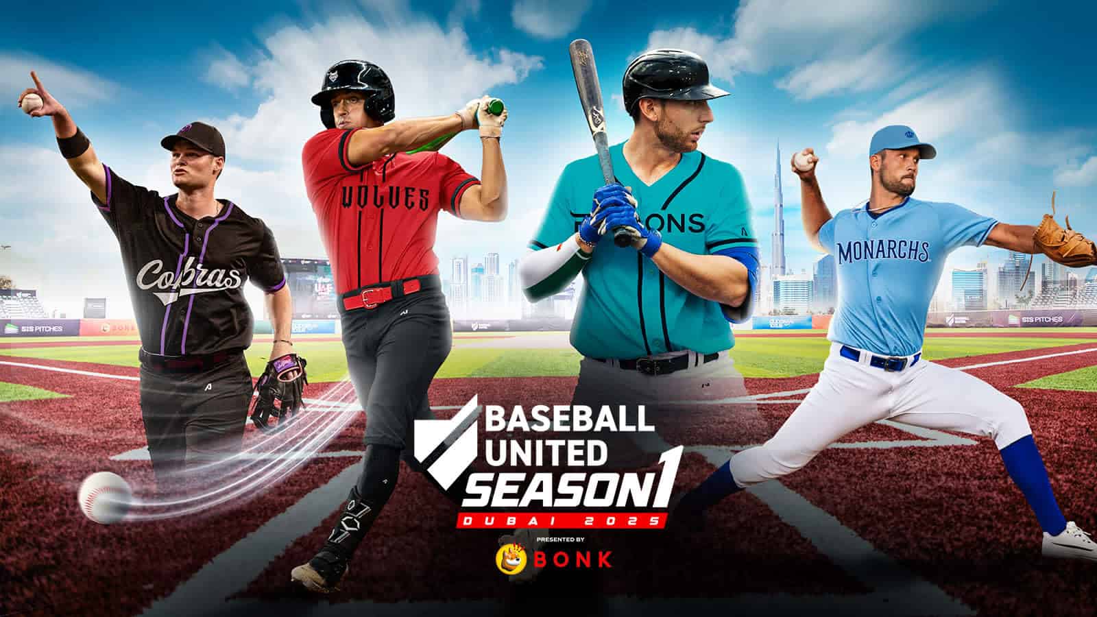 Baseball United opening day in Dubai – inaugural professional baseball game in the Middle East featuring new league branding, players on the field, and the Dubai ballpark.