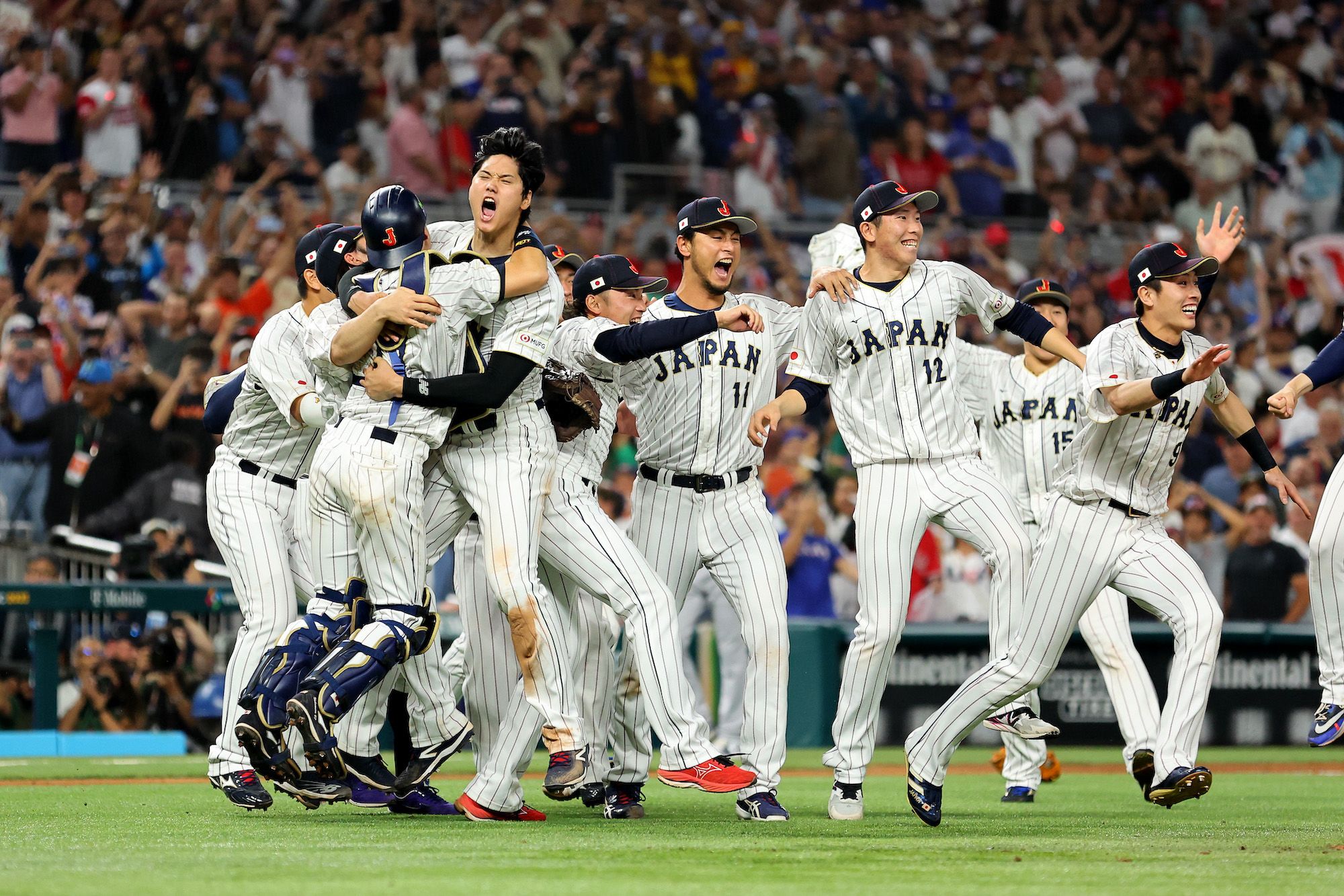 Japan pitcher Shohei Ohtani (16) celebrates after defeating the U.S.o at the World Baseball Classic final game, Tuesday, March 21, 2023, in Miami.