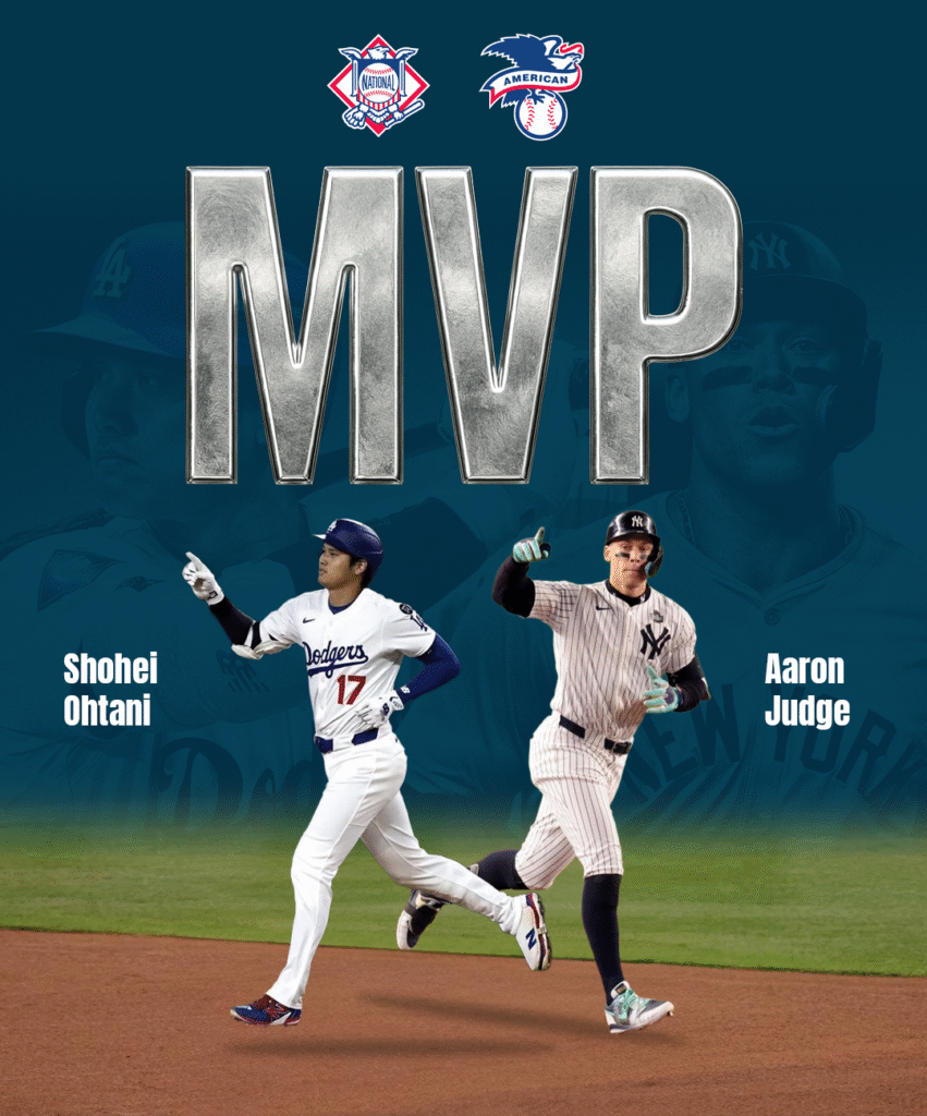 Shohei Ohtani en Aaron Judge vieren hun 2025 MLB MVP-titels op een grafische poster met National League en American League logo’s.