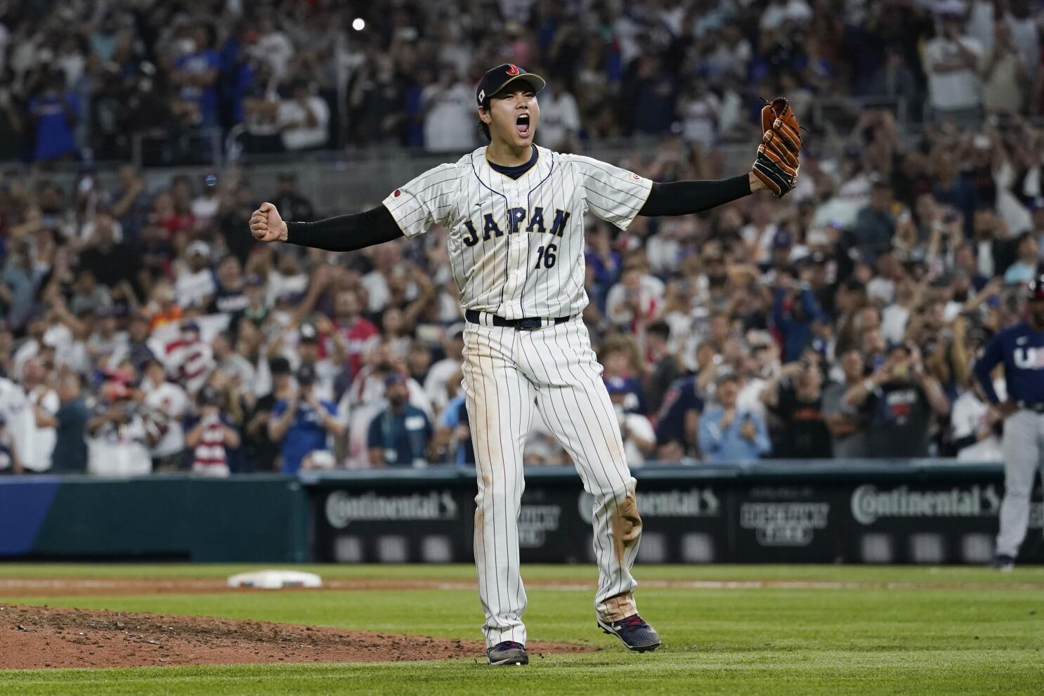Japan pitcher Shohei Ohtani (16) celebrates after defeating the U.S.o at the World Baseball Classic final game, Tuesday, March 21, 2023, in Miami.