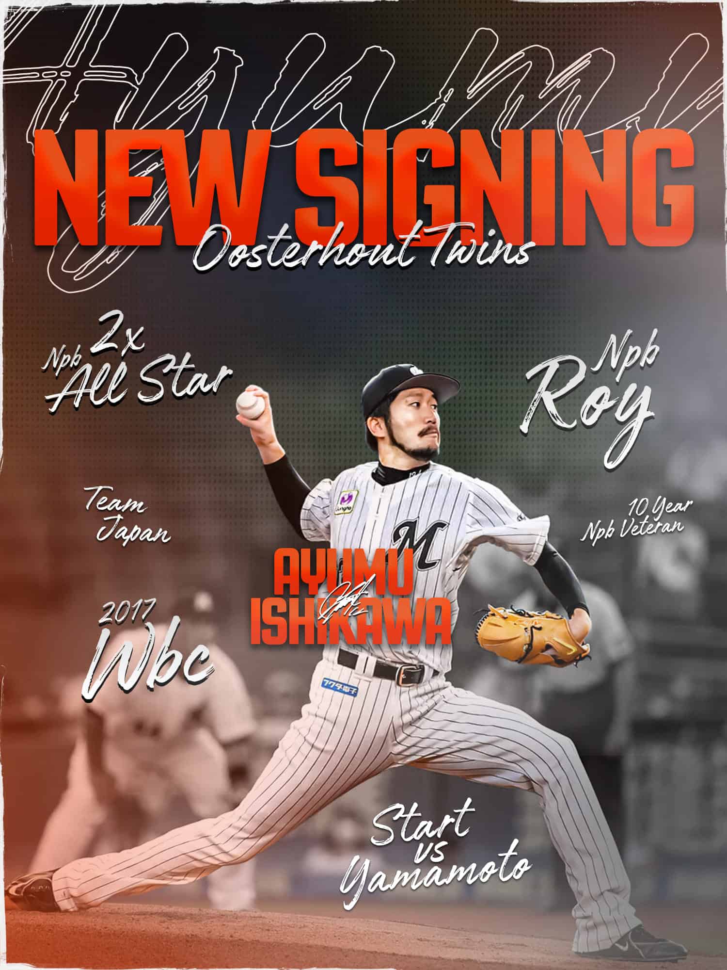 Ayumu Ishikawa pitching for the Oosterhout Twins, former NPB Rookie of the Year and Japanese All-Star joining the Honkbal Hoofdklasse.