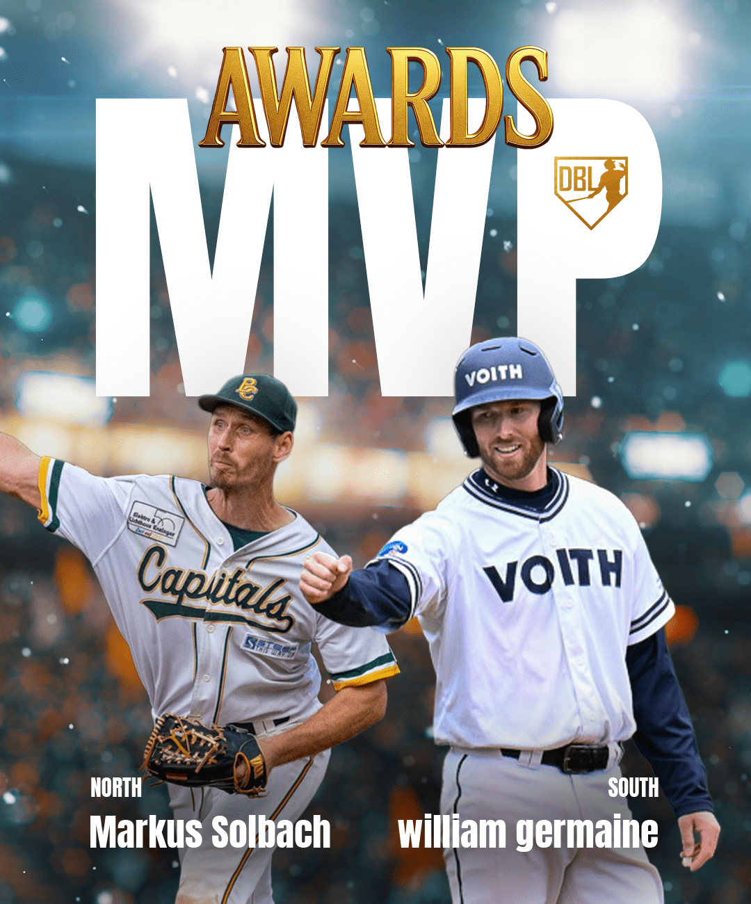 Graphic showing the 2025 Deutsche Baseball Liga MVP award winners: pitcher Markus Solbach from the North Division in a Bonn Capitals uniform mid-throw, and hitter William Germaine from the South Division in a Heidenheim Heideköpfe uniform celebrating at the plate. “Awards MVP” displayed in large text above.