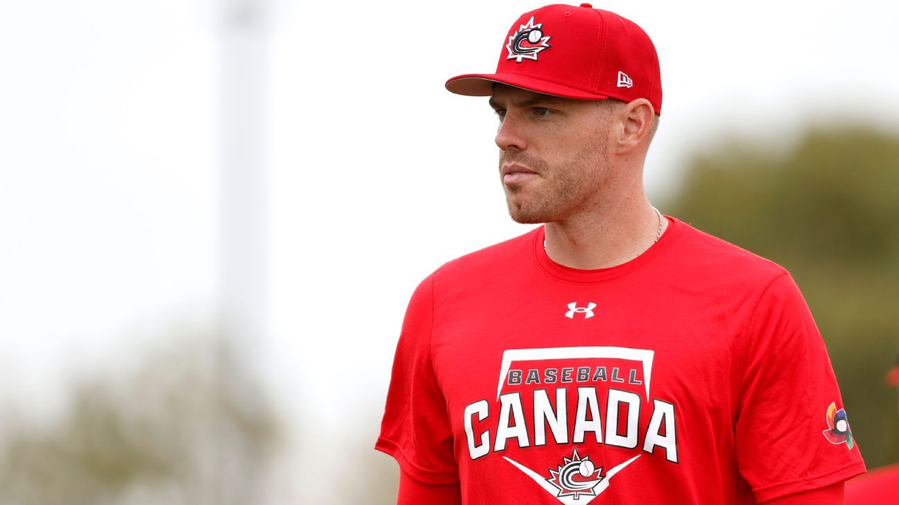 Freddie Freeman wearing Team Canada gear during World Baseball Classic preparations
