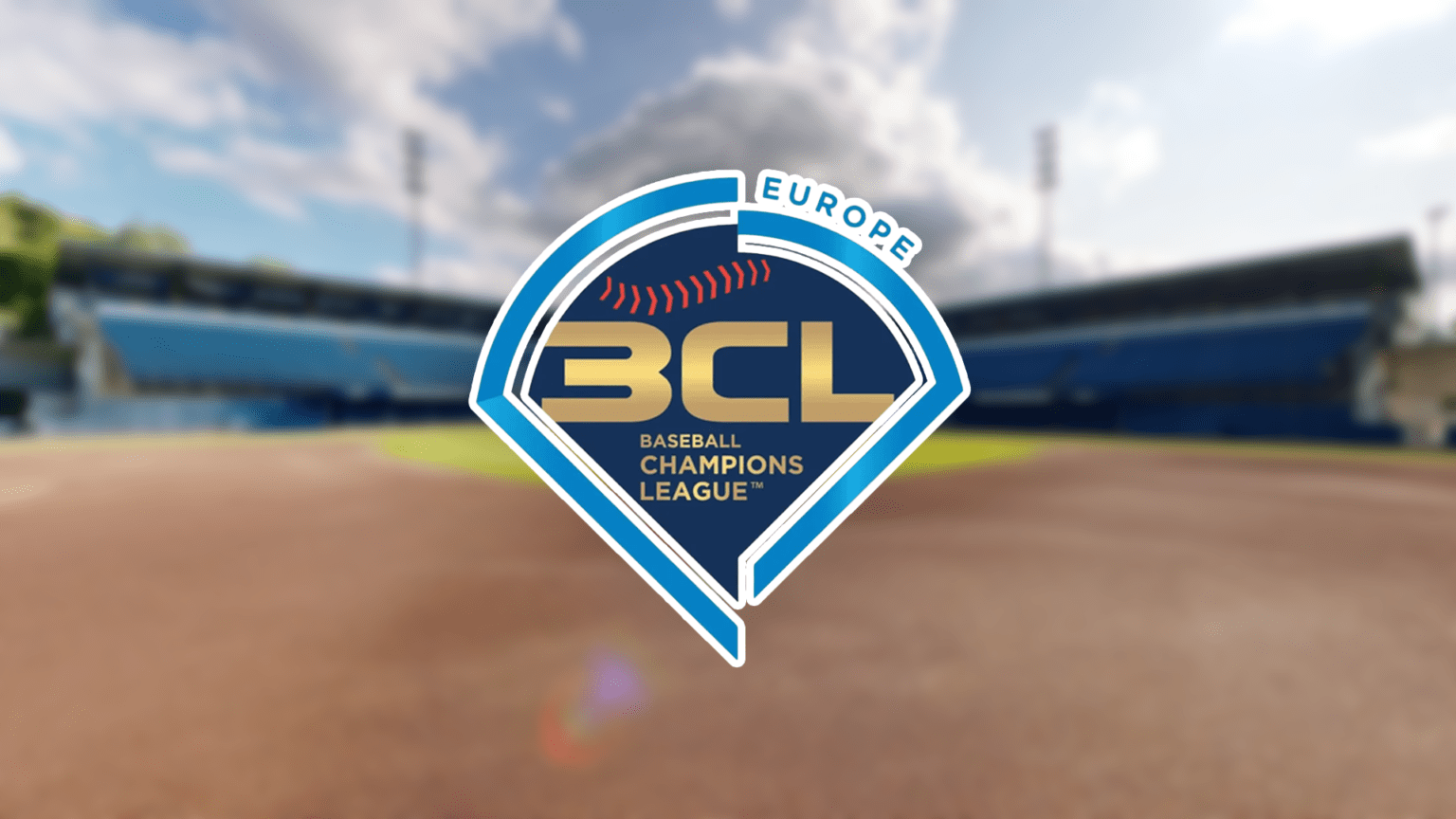 Baseball Champions League Europe 2026 official BCL logo displayed over a professional baseball stadium of Neptunus Rotterdam background