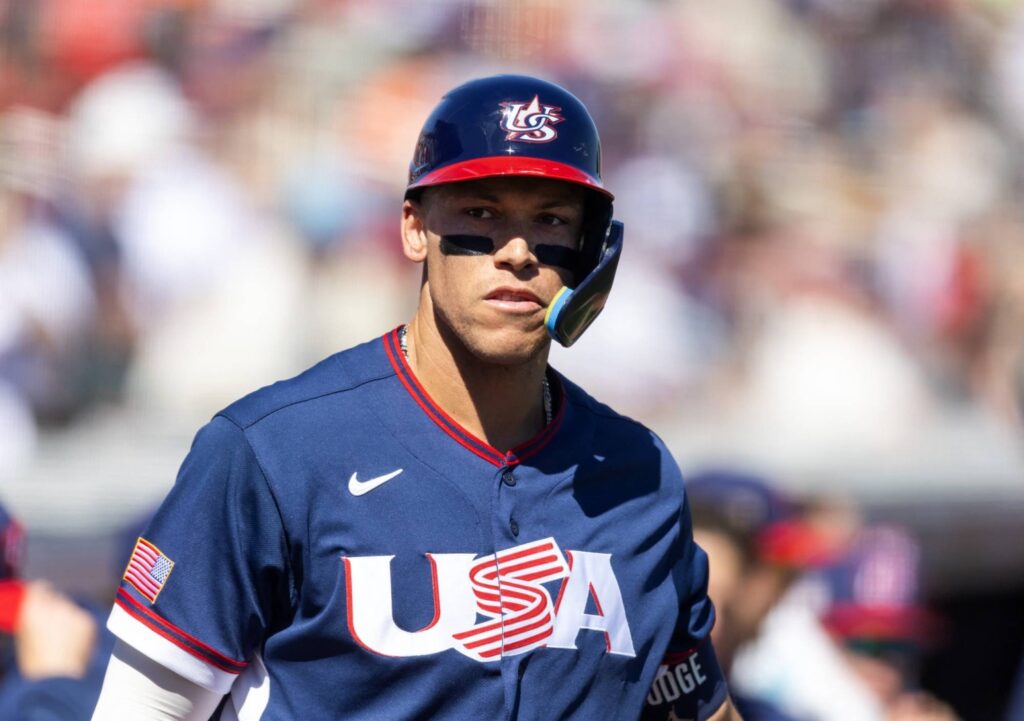 Aaron Judge batting for Team USA during a World Baseball Classic exhibition game on March 3, 2026
