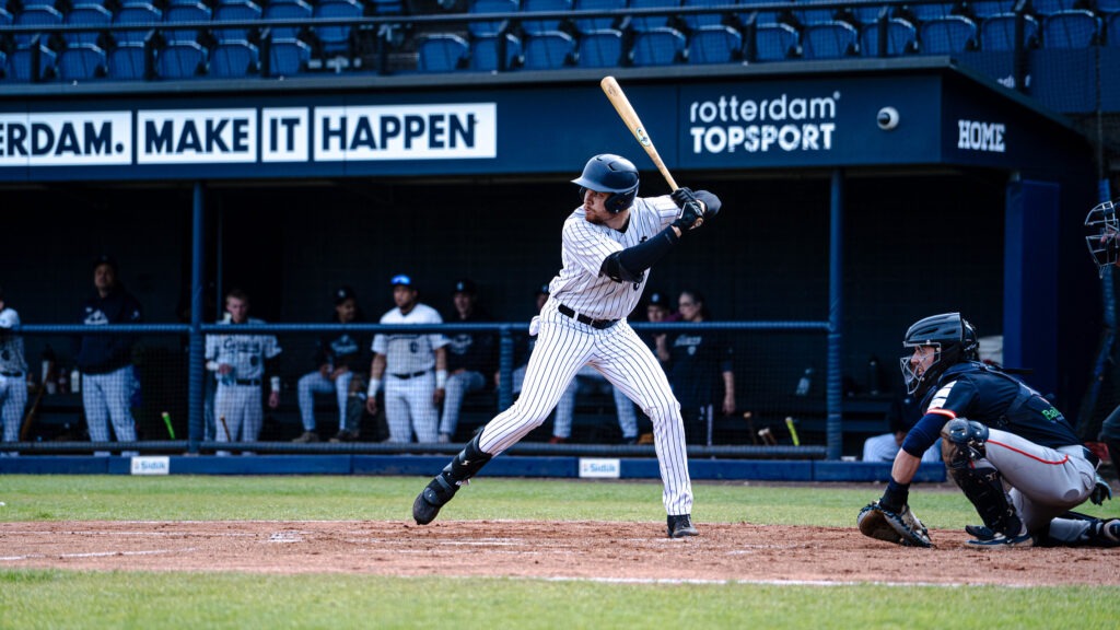 Darryl Collins batting for Rotterdam Neptunus during 2026 Hoofdklasse game