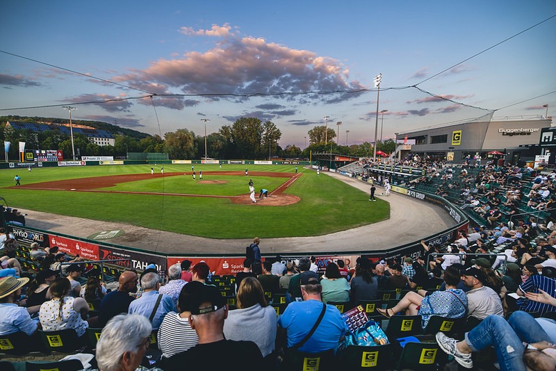 Crowd at Armin-Wolf-Arena during the 2026 Baseball Champions League Europe opening round in Regensburg, Germany.