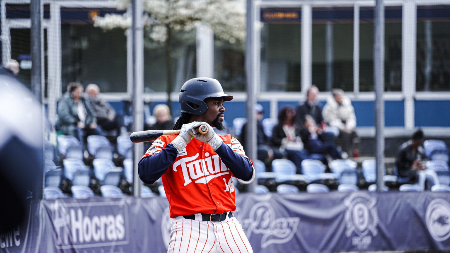 Oosterhout Twins batter prepares to hit during a Dutch Hoofdklasse baseball game.