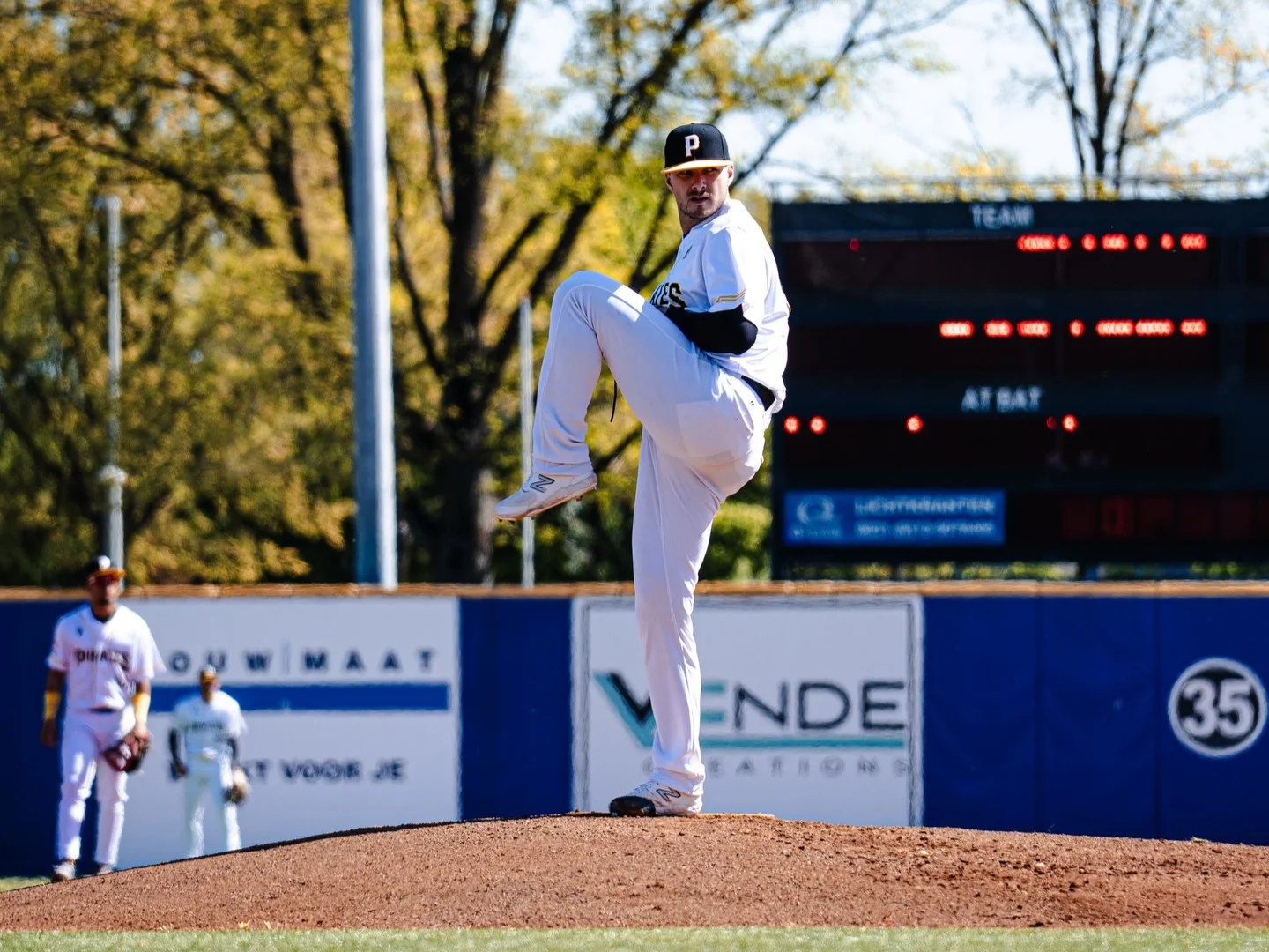 Amsterdam Pirates pitcher delivers from the mound during a Dutch Hoofdklasse baseball game in Hoofddorp.