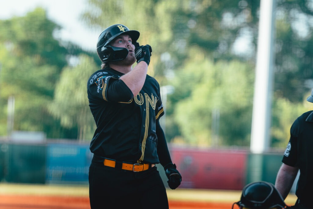 Bonn Capitals batter celebrates after a homerun during a DBL Interleague game against the Mainz Athletics.