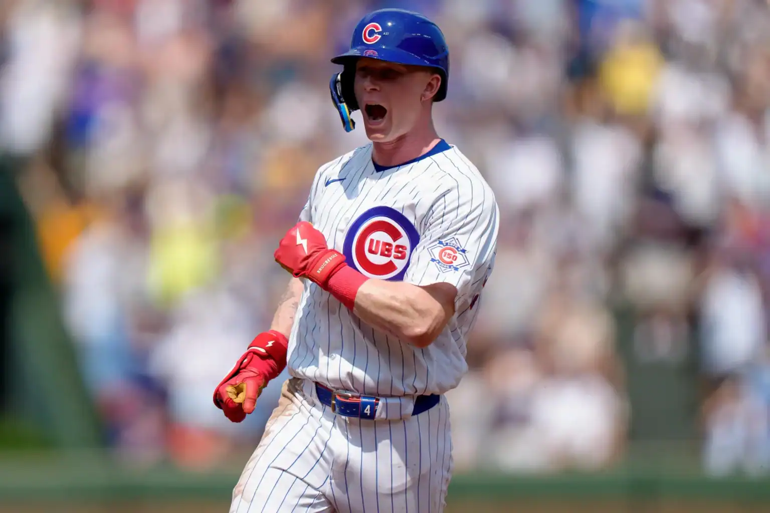 Chicago Cubs player Crow-Armstrong celebrates after a key hit in a game.