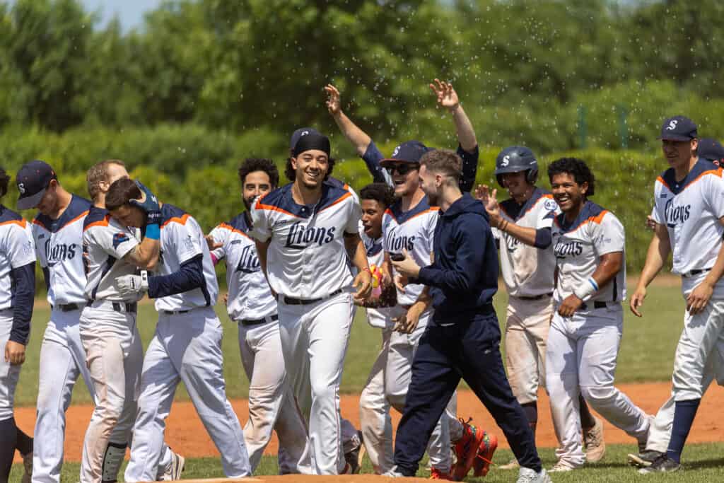 Savigny Lions players celebrate during the 2026 French Division 1 Baseball season