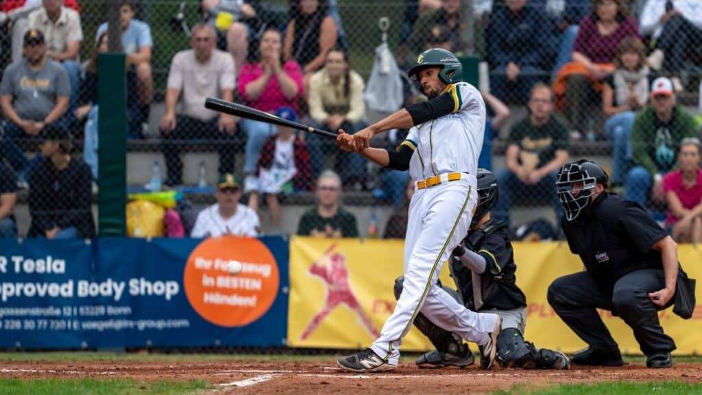 Bonn Capitals batter swings during the 2026 DBL Final against Regensburg
