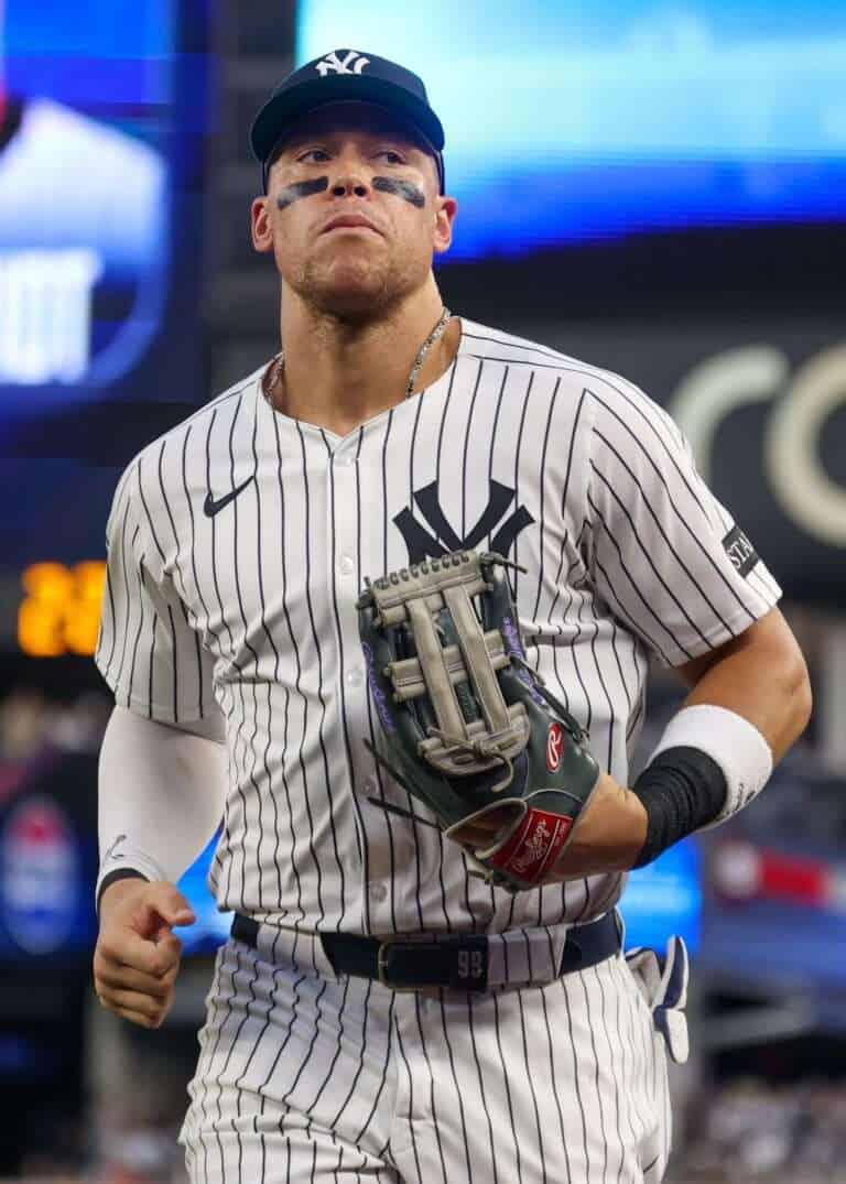 Aaron Judge takes the field in a New York Yankees uniform at Yankee Stadium