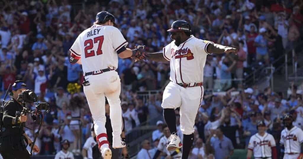 Atlanta Braves third baseman Austin Riley celebrates his three-run home run against the Philadelphia Phillies in 2026 NL Wild Card Game 1