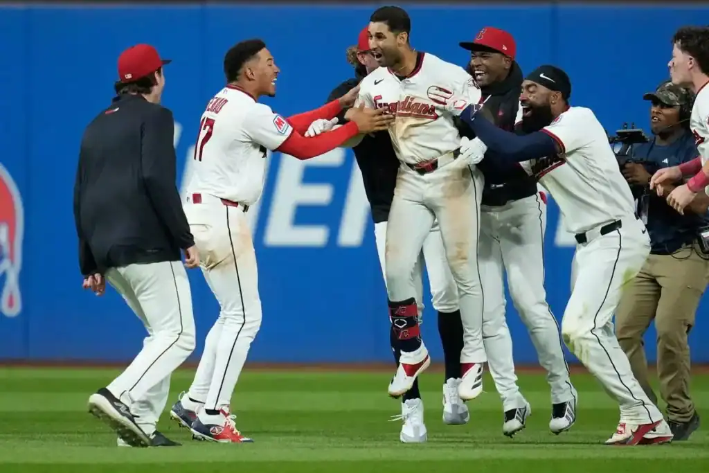 Brayan Rocchio celebrates with Cleveland Guardians teammates after his walk-off double against the Chicago White Sox on September 15, 2026