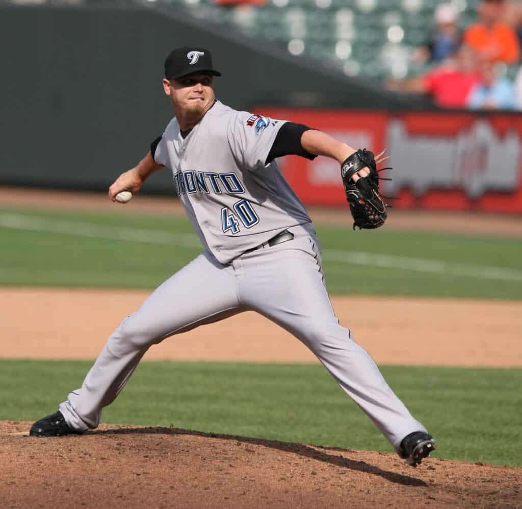 Brian Wolfe pitching for the Toronto Blue Jays