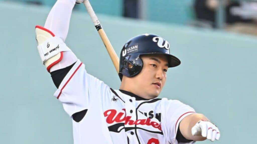 Choi Ji-man prepares to bat for the Ulsan Whales during the 2026 KBO Futures League season