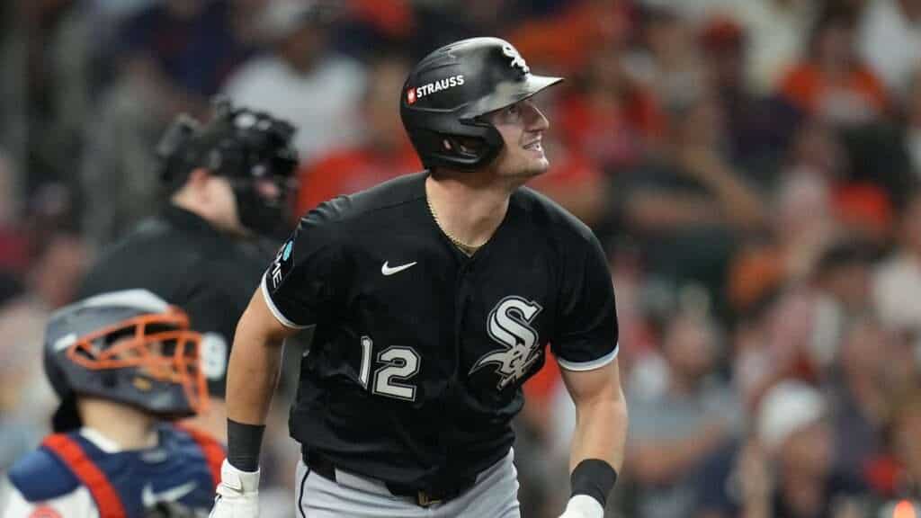 Colson Montgomery watches his 432-foot home run for the Chicago White Sox against the Houston Astros in Wild Card Game 1