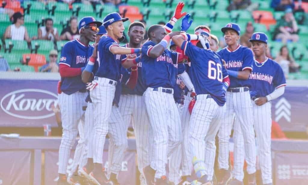 Dominican Republic players celebrate during their 14-4 win over Cuba at the 2026 WBSC U-15 Baseball World Cup