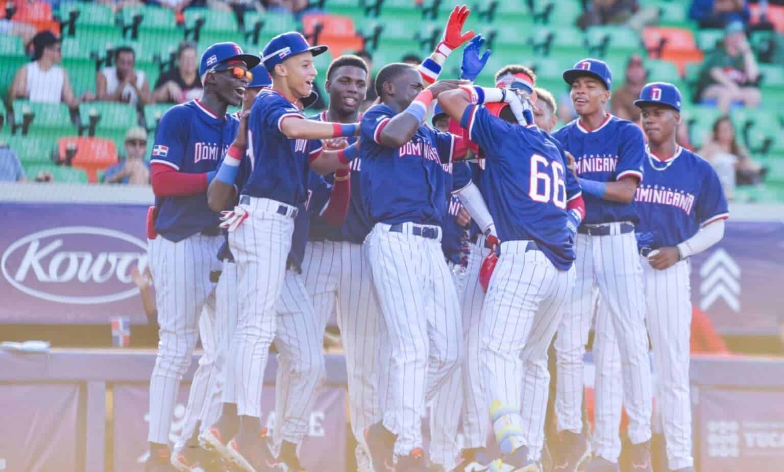 Dominican Republic players celebrate during their 14-4 win over Cuba at the 2026 WBSC U-15 Baseball World Cup