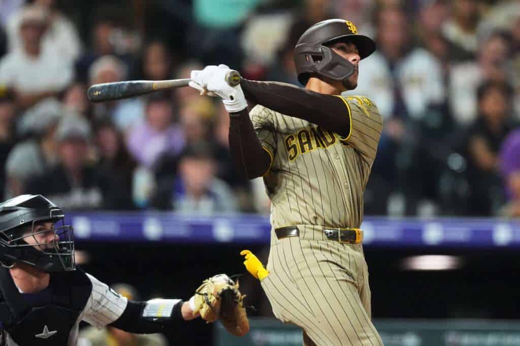 San Diego Padres catcher Ethan Salas watches his two-run home run against the Colorado Rockies on September 16, 2026