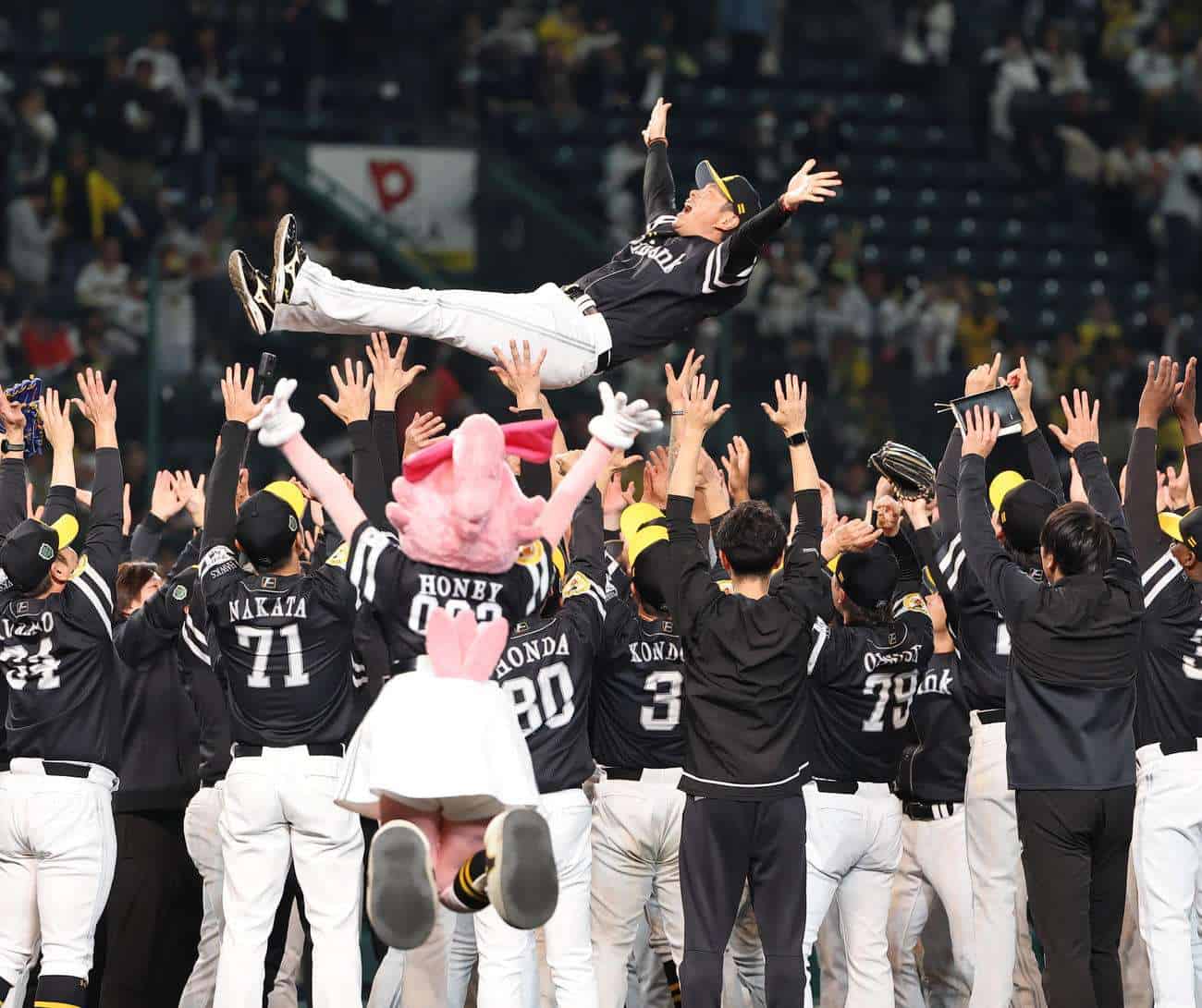 Fukuoka SoftBank Hawks celebrate a championship with manager Hiroki Kokubo lifted by players