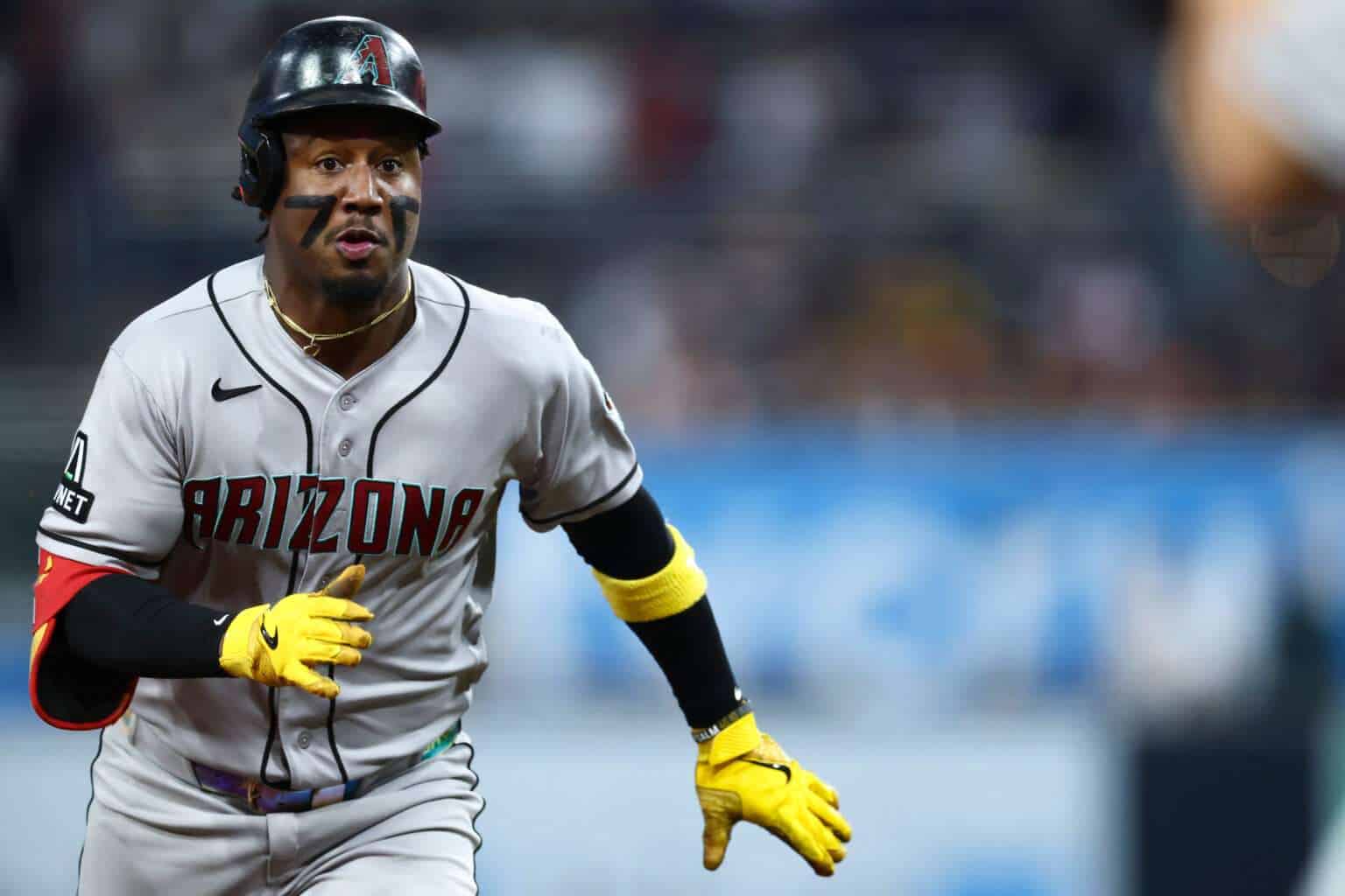 Geraldo Perdomo of the Arizona Diamondbacks runs toward third base after a triple against the San Diego Padres on September 25, 2026
