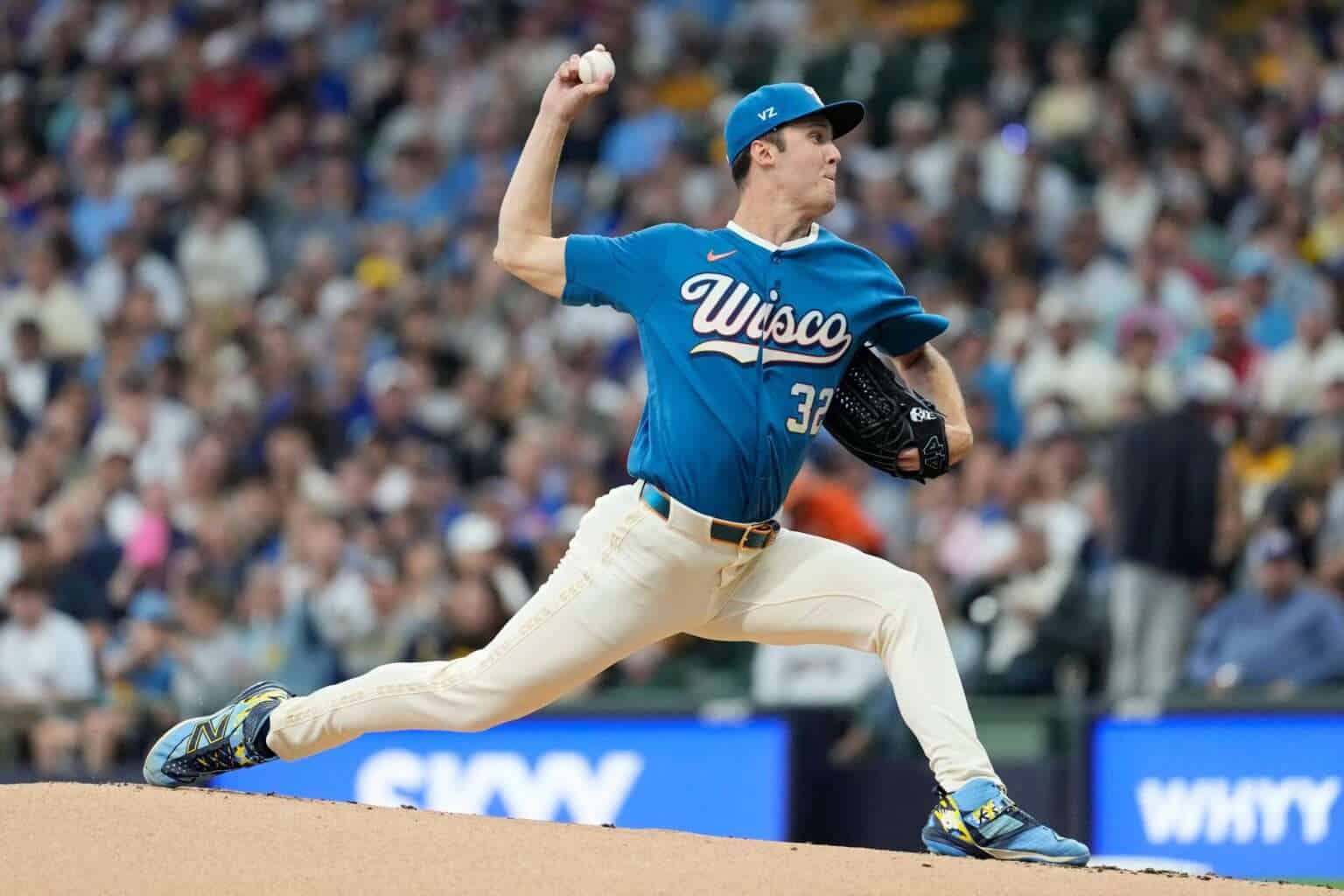 Milwaukee Brewers pitcher Jacob Misiorowski delivers a pitch against the Chicago Cubs in June 2026