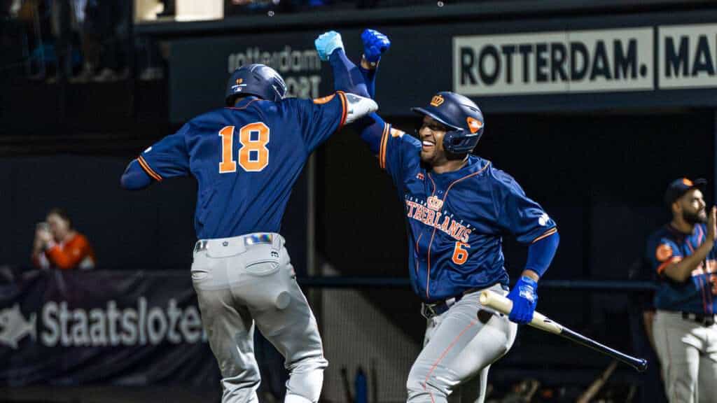 Netherlands baseball player celebrates during the 2025 European Baseball Championship in Rotterdam