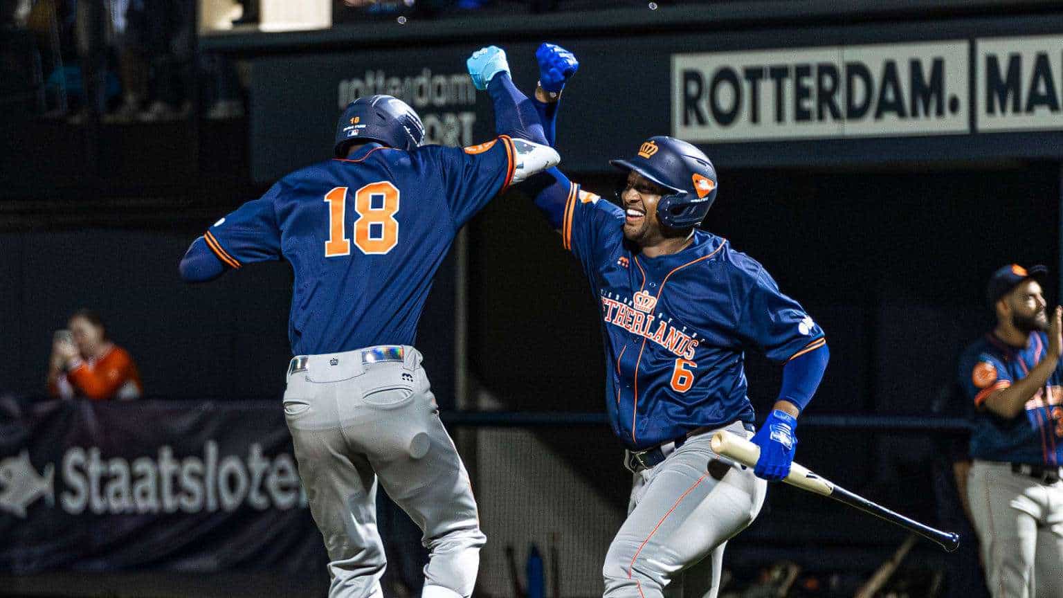 Netherlands baseball player celebrates during the 2025 European Baseball Championship in Rotterdam