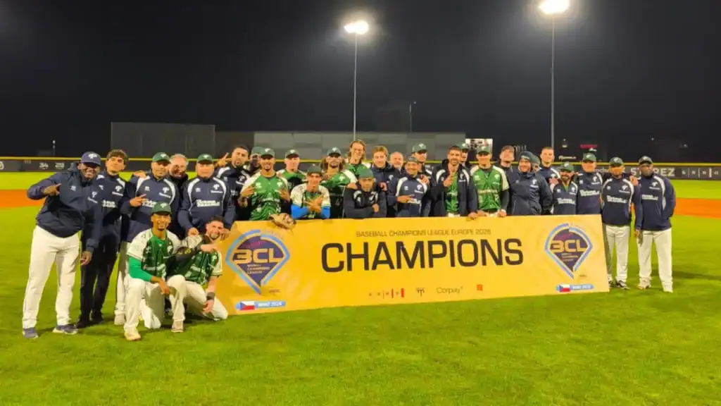 Parma players and coaches pose in Brno after beating Rotterdam Neptunus in the 2026 Baseball Champions League Europe final