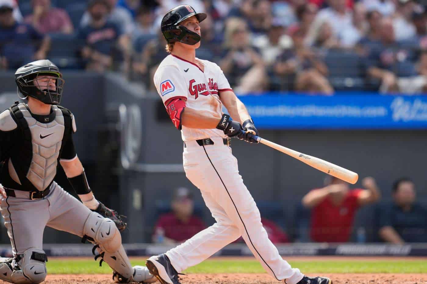 Cleveland Guardians outfielder Petey Halpin watches his three-run home run against the Chicago White Sox on September 16, 2026