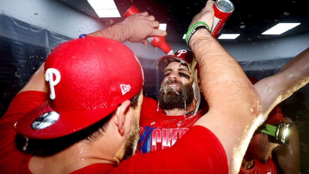 Philadelphia Phillies players celebrate clinching the final National League Wild Card berth on September 27, 2026
