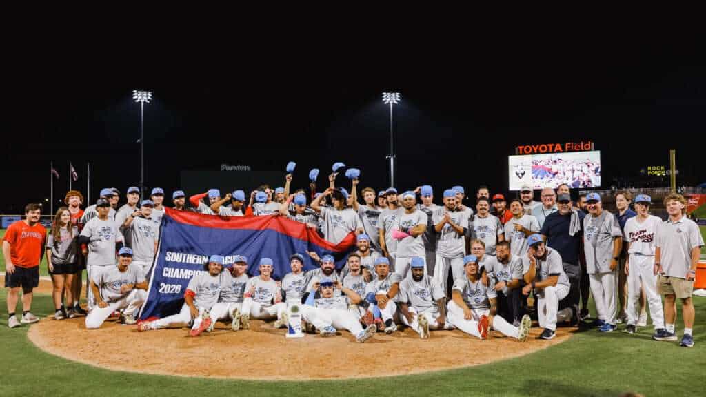 Rocket City Trash Pandas players celebrate the 2026 Southern League championship at Toyota Field