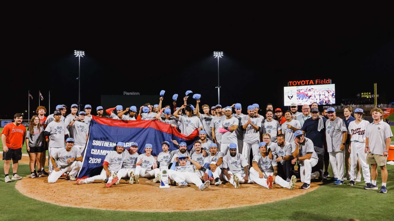 Rocket City Trash Pandas players celebrate the 2026 Southern League championship at Toyota Field