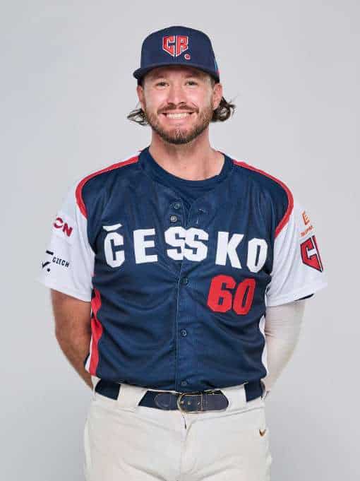 Ryan Johnson, Hroši Brno two-way player, in a Czechia baseball uniform
