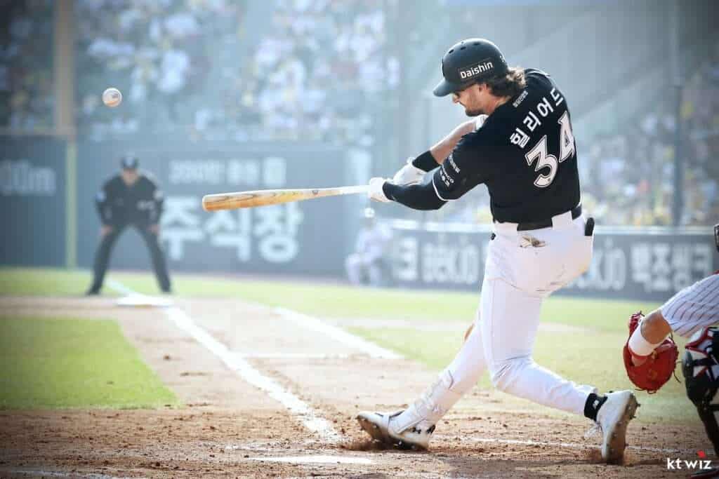 Sam Hilliard hits for the KT Wiz during the 2026 KBO League season