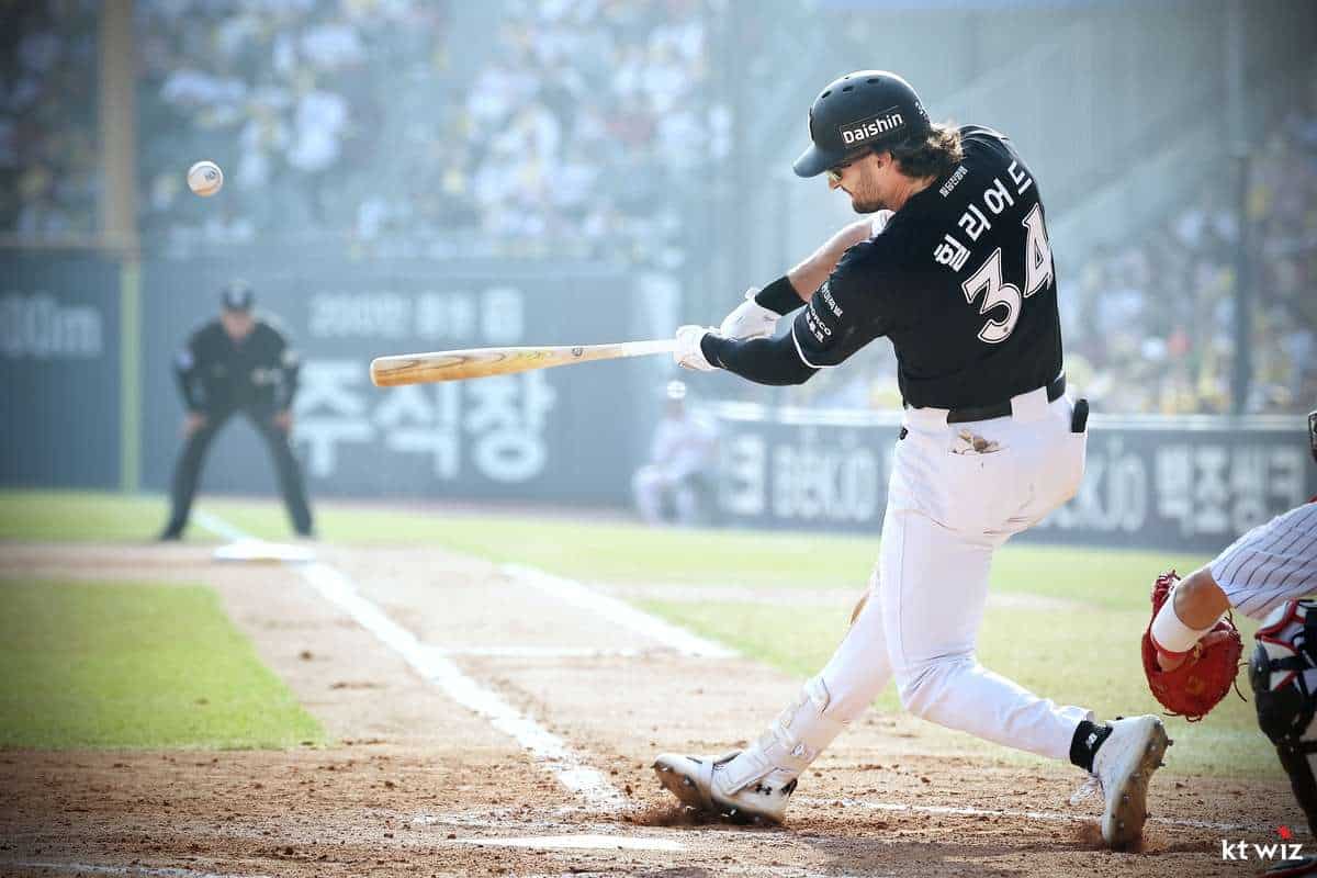 Sam Hilliard hits for the KT Wiz during the 2026 KBO League season