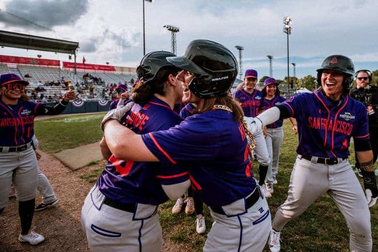 San Francisco Firebells players Skylar Kaplan, Alexia Jorge and Kelsie Whitmore celebrate during Game 2 of the 2026 WPBL semifinals