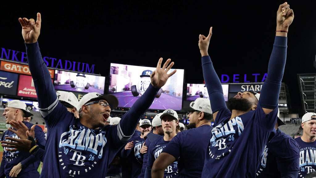 Tampa Bay Rays players celebrate their 2026 AL East title after beating the New York Yankees