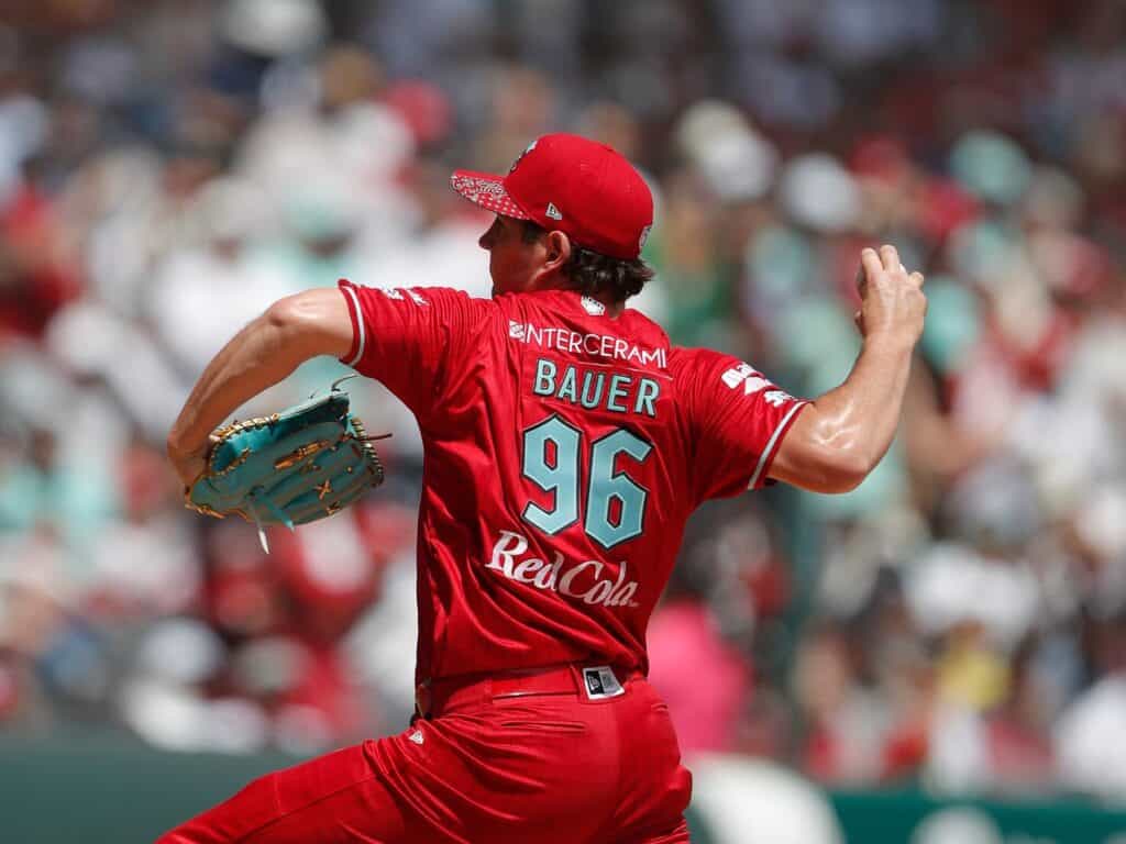 Trevor Bauer pitches for Diablos Rojos del Mexico at Estadio Alfredo Harp Helu