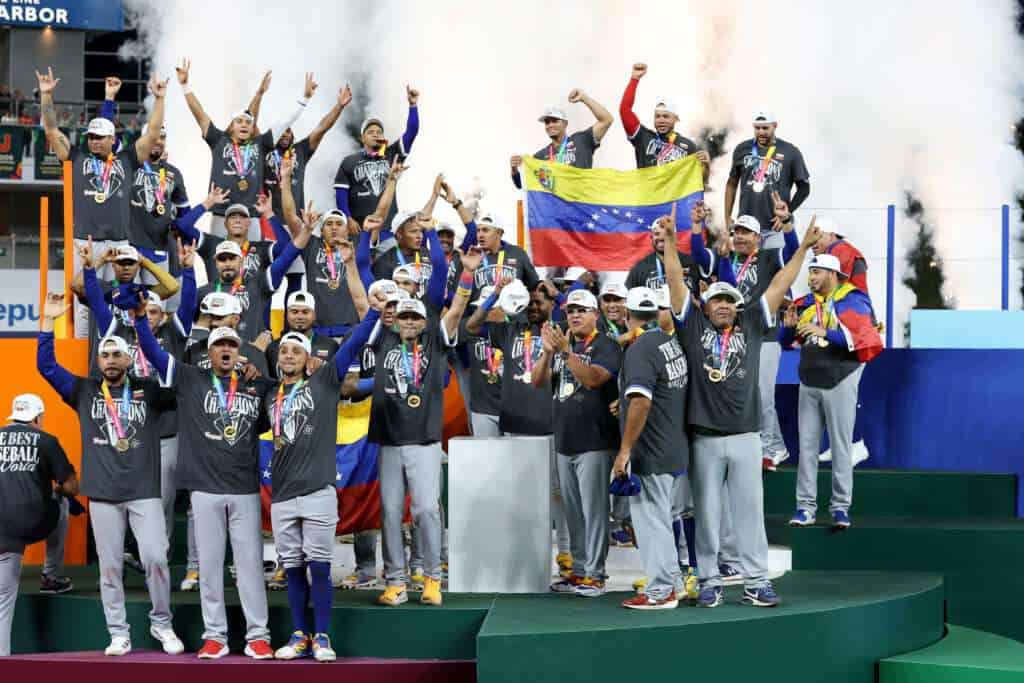 Venezuela players celebrate winning the 2026 World Baseball Classic