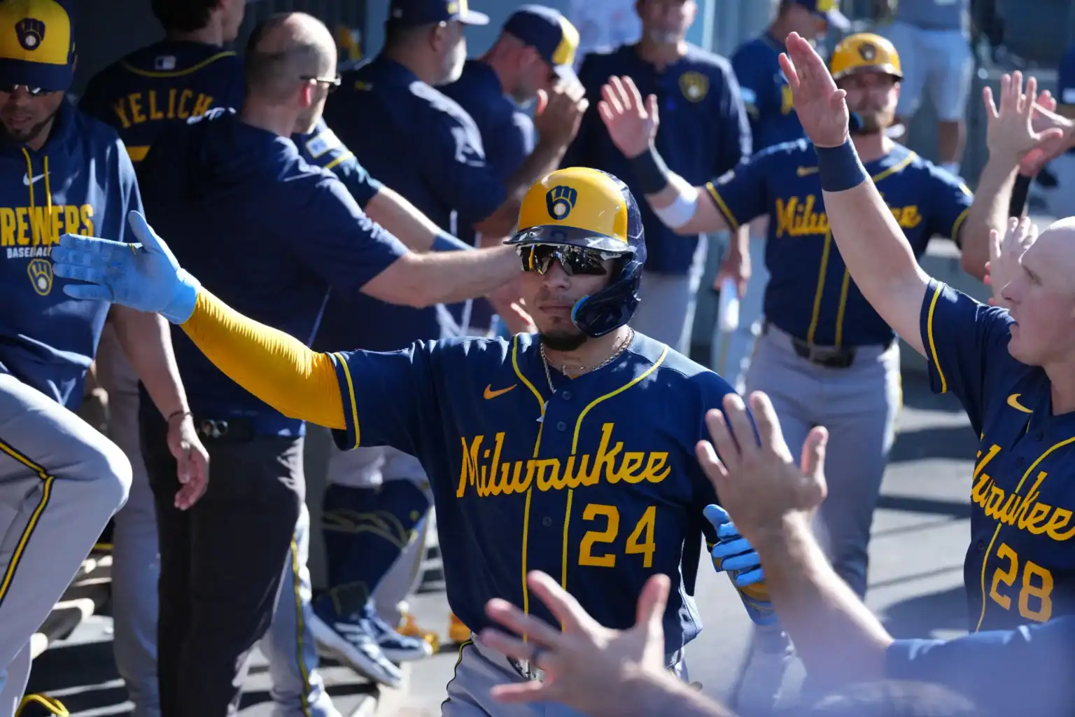 Milwaukee Brewers player celebrates with teammates during the 2026 MLB season Image title: Milwaukee Brewers Lead MLB Entering September 2026