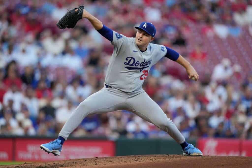Los Angeles Dodgers pitcher Tarik Skubal throws against the Cincinnati Reds on September 14, 2026