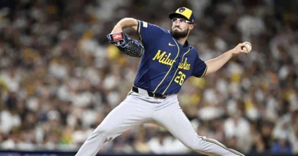 Milwaukee Brewers pitcher Aaron Ashby works against the San Diego Padres in Game 4 of the 2026 NLDS