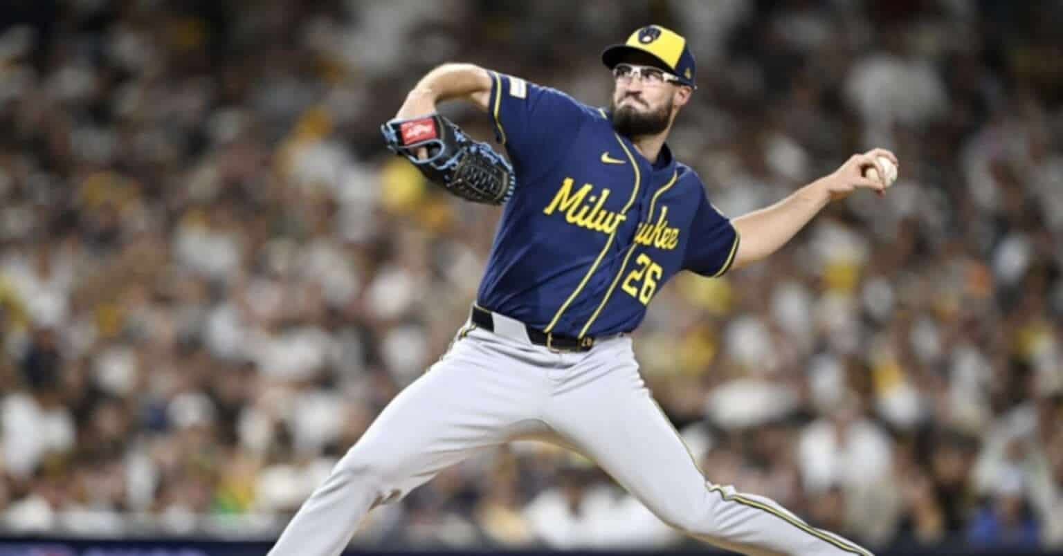 Milwaukee Brewers pitcher Aaron Ashby works against the San Diego Padres in Game 4 of the 2026 NLDS